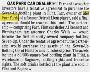 Mel Farr Ford (Northland Ford) - Apr 1985 Mel Wants Seven-Up Bottling Plant
